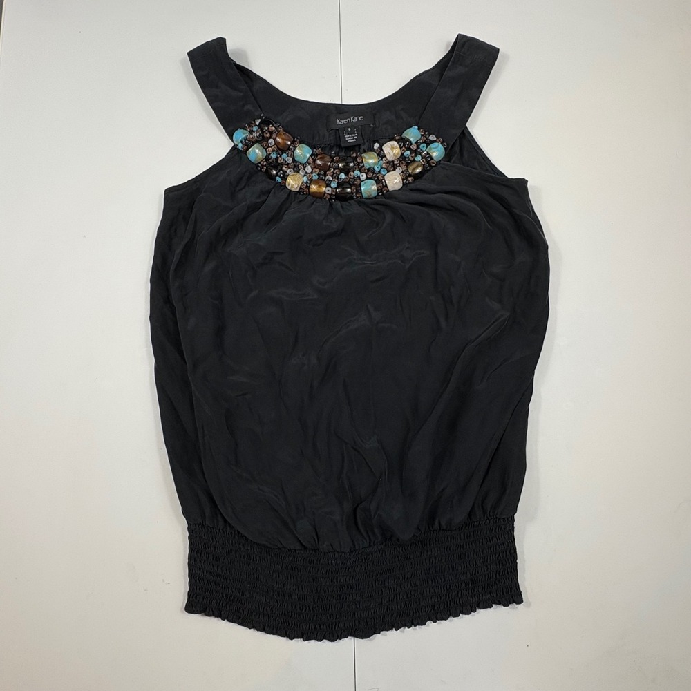 Karen Kane 100% Silk Beaded Tank Top Black Smocked Boho Glam Embellished Small